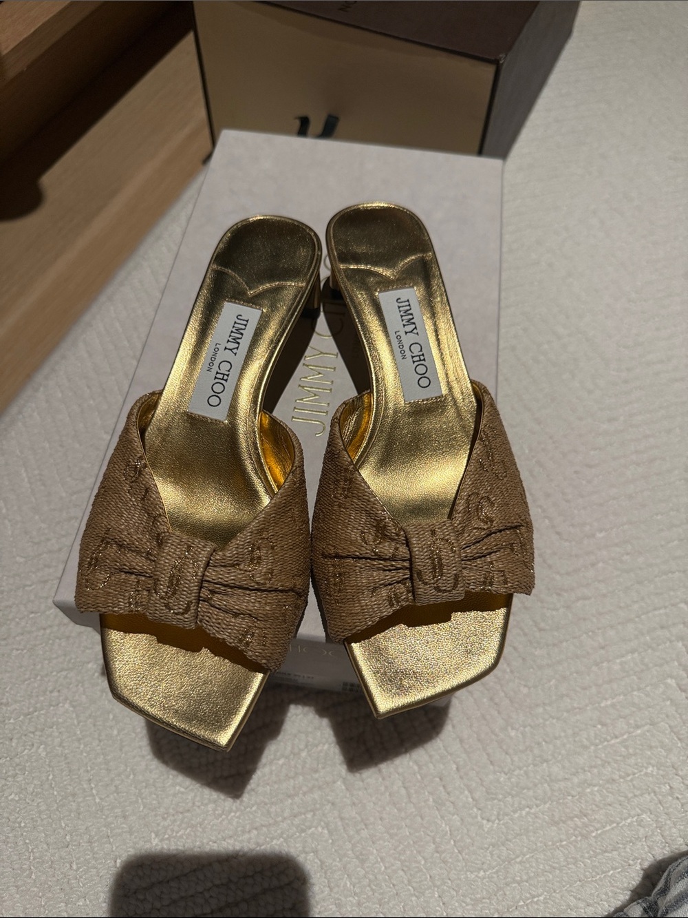 Jimmy Choo Gold & Brown Textured Bow Mule Sandals - Picture 2 of 6
